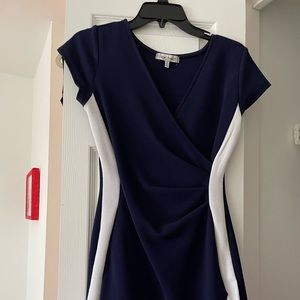 Form fitted blue and white knee length dress